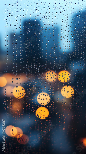 雨覆盖窗户的特写镜头，背景是路灯的模糊图像 