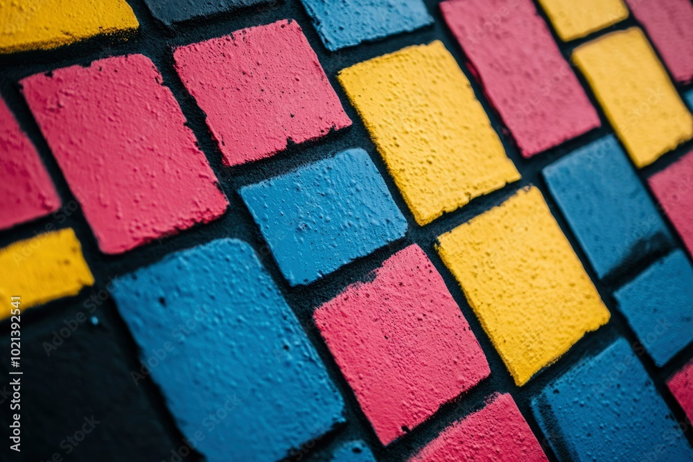 Colorful Brick Wall Pattern with Red, Yellow, and Blue Squares Colorful Brick Wall Pattern with Red, Yellow, and Blue Squares