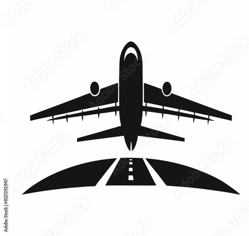 Vector illustration of an airplane taking off from a runway. Front view of air transport taking off from a civil airline silhouette and airplane icon.