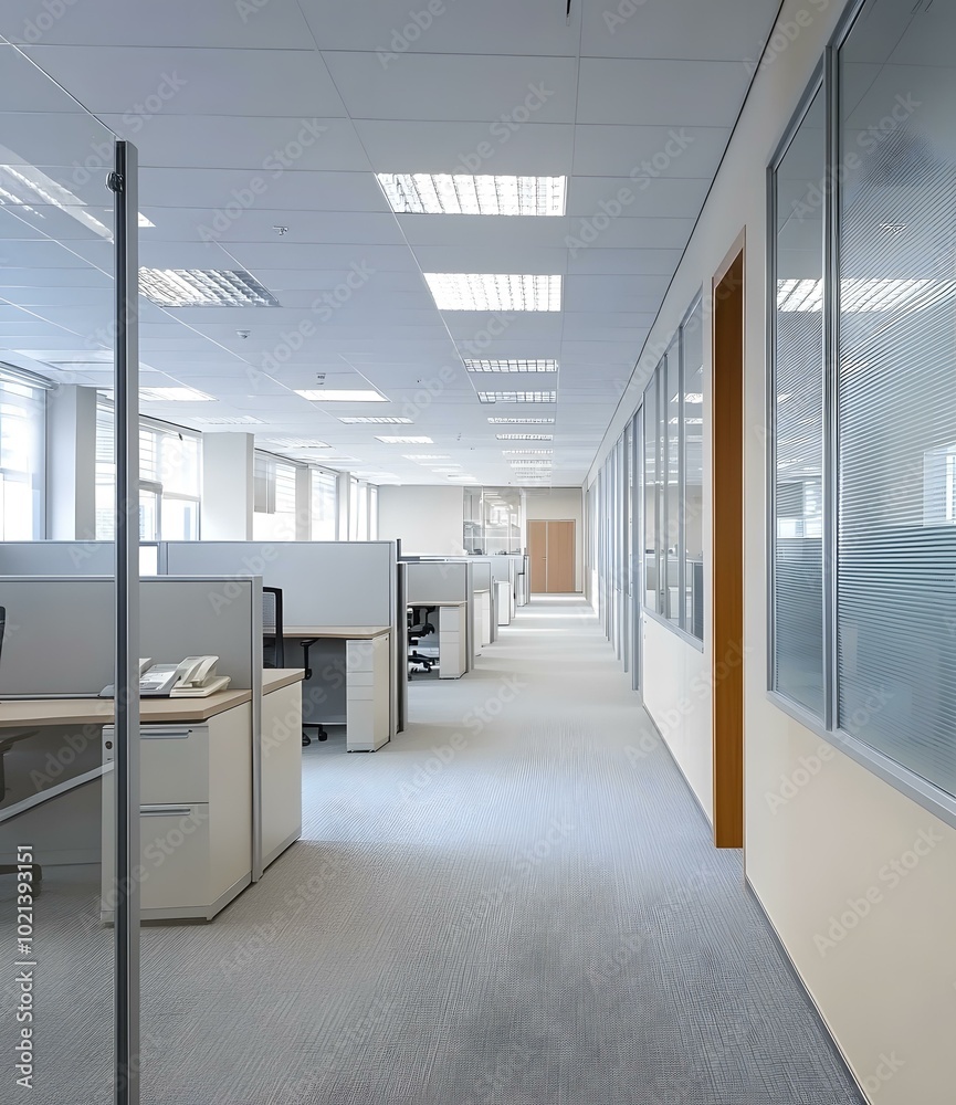 Modern Office Hallway with Glass Walls and Cubicles Modern Office Hallway with Glass Walls and Cubicles