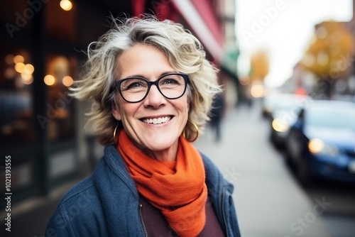 Portrait of a happy senior woman with glasses and scarf in the city