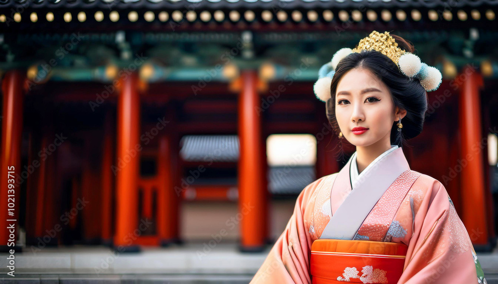 a young woman dressed in traditional Japanese attire, kimono, standing in front of an ornate historical building. Her hairstyle, adorned with intricate accessories, tradition, beauty, and cultural a young woman dressed in traditional Japanese attire, kimono, standing in front of an ornate historical building. Her hairstyle, adorned with intricate accessories, tradition, beauty, and cultural