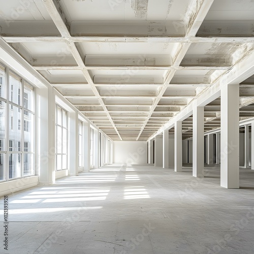 Empty Office Space with Concrete Beams and Windows