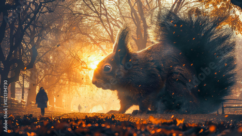 A Gigantic Squirrel against a Sunset Sky in an Urban Park