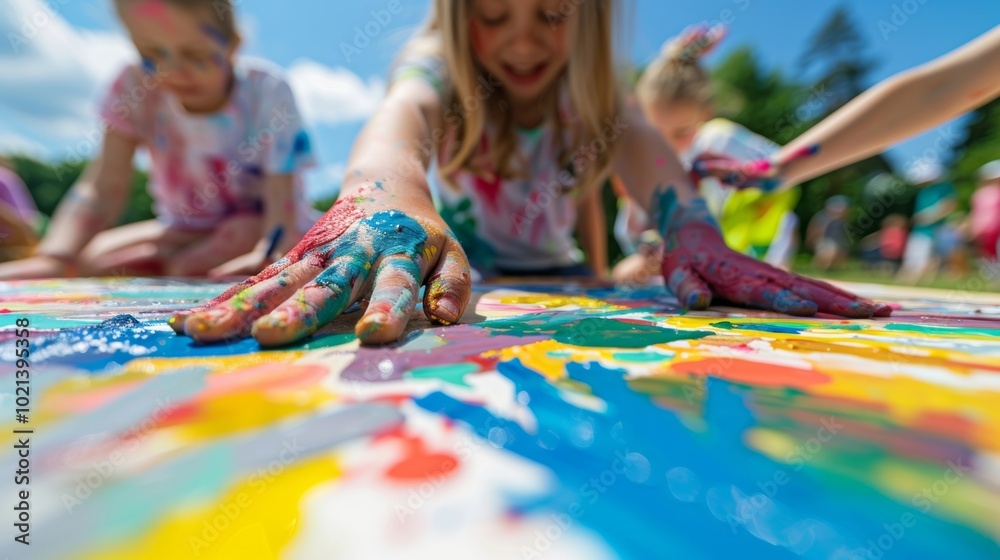 Fototapeta premium Children Creating Colorful Art Outside, Engaging in Fun and Creativity with Paint on Canvas