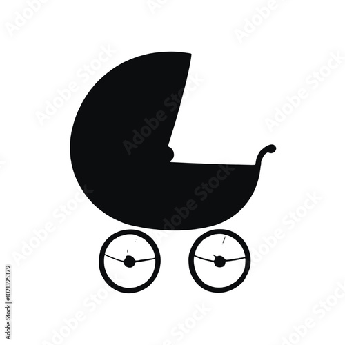 A black silhouette of a baby stroller or pram with large wheels 
