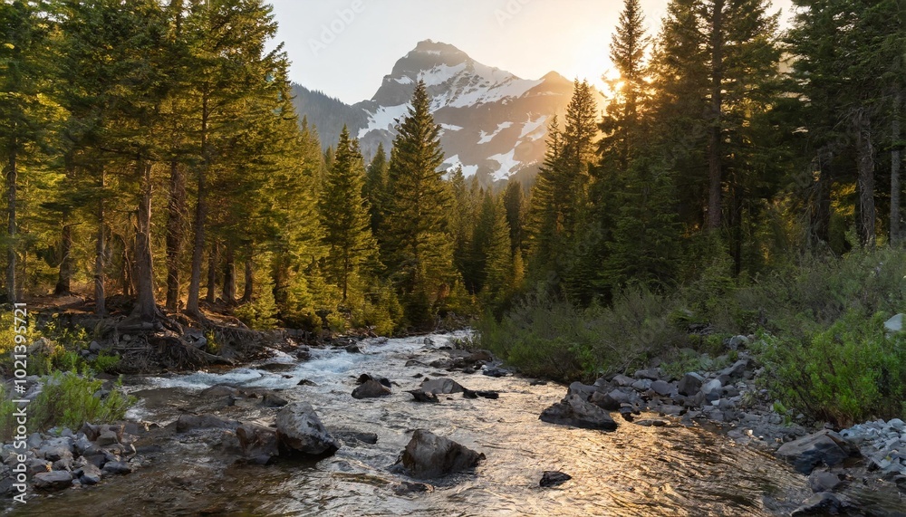 Crystal Clear Mountain Stream Flowing Through a Dense Pine Forest, Reflecting the Tall Trees and Snow-Capped Peaks in the Distance Under the Golden Glow of Sunset Crystal Clear Mountain Stream Flowing Through a Dense Pine Forest, Reflecting the Tall Trees and Snow-Capped Peaks in the Distance Under the Golden Glow of Sunset