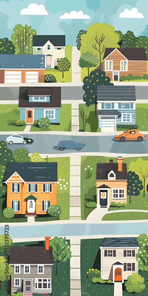 Obraz premium Illustrated Suburban Neighborhood With Houses, Trees, Cars, and a River