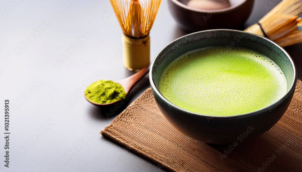 green tea in a bowl, finely ground Japanese matcha tea powder in a traditional black ceramic bowl. The vivid green hue of the matcha stands out against the subtle background, tea whisk green tea in a bowl, finely ground Japanese matcha tea powder in a traditional black ceramic bowl. The vivid green hue of the matcha stands out against the subtle background, tea whisk