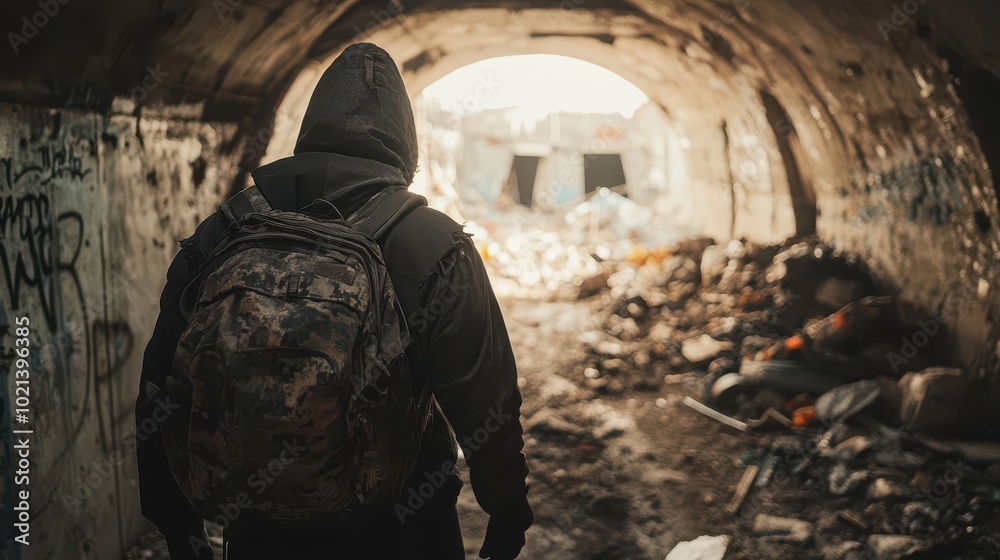 A postapocalyptic wanderer finding a hidden underground bunker full of supplies, survival story, hope and resilience A postapocalyptic wanderer finding a hidden underground bunker full of supplies, survival story, hope and resilience