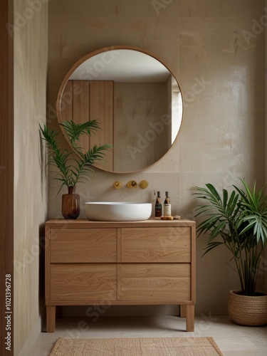 A minimalist bathroom features a wooden vanity with a large round mirror and a single pendant light