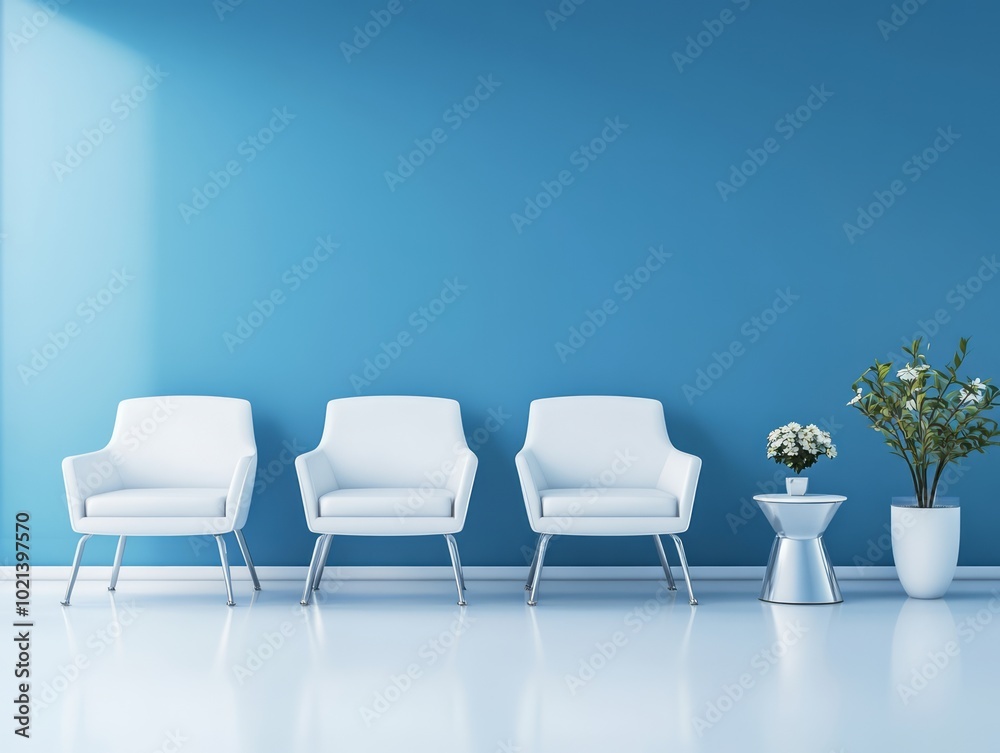 A waiting room with blue walls, white minimalist furniture, and simple decor, offering a clean and airy vibe A waiting room with blue walls, white minimalist furniture, and simple decor, offering a clean and airy vibe