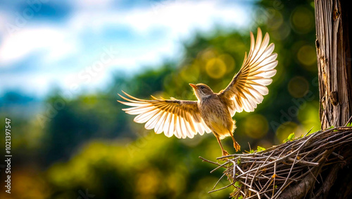 A Baby Bird Taking First Flight from Nest, Symbolizing Hope, Courage, and New Beginnings.
