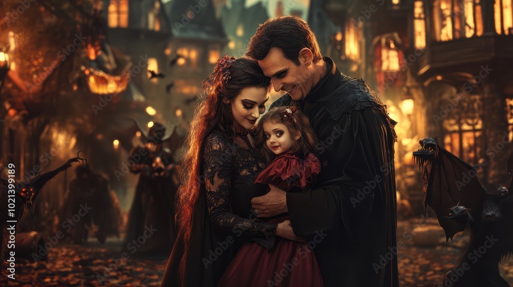 Halloween Costume Party: Father Count Dracula Holds Little Bat Girl Daughter and Hugs Witch Wife for a Happy Family Portrait. In the Background Monsters Having Fun Halloween Costume Party: Father Count Dracula Holds Little Bat Girl Daughter and Hugs Witch Wife for a Happy Family Portrait. In the Background Monsters Having Fun