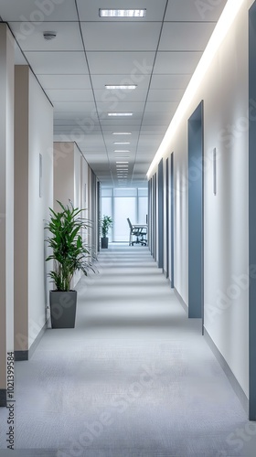 Modern Office Hallway with White Walls and Grey Carpet