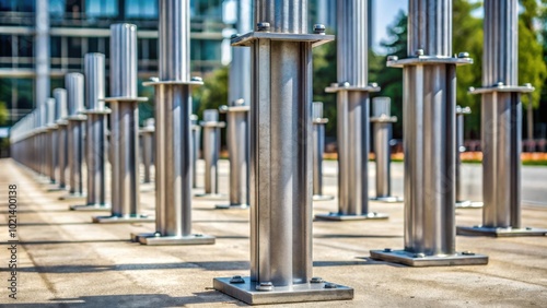 A row of steel poles, each with a square base and secured with bolts, stand tall and proud, ready to support an unknown weight.