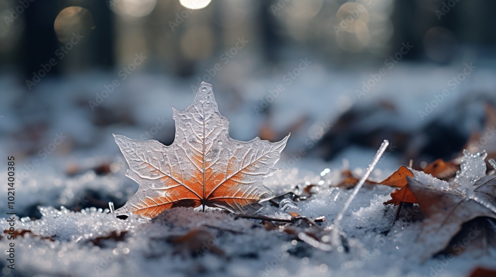 Snowflakes on a fallen leaf in a snowy forest Snowflakes on a fallen leaf in a snowy forest