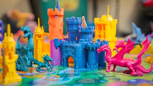 99. A brightly colored 90s toy castle playset with plastic knights and dragons, displayed on a retro-style playmat