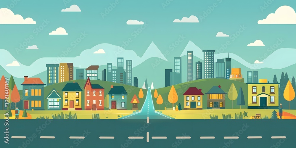 Naklejka premium Flat Cityscape with People and Road