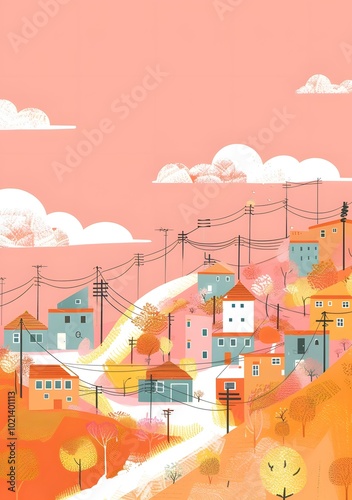 Colorful Illustration of a Town on a Hillside