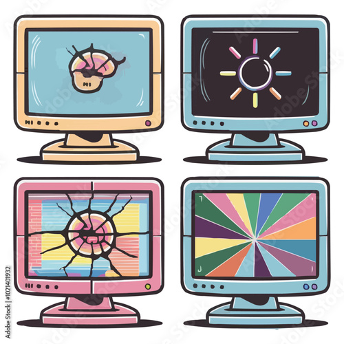 Vector retro computers monitors drawn cartoon style. Colored vintage personal computers set.  
