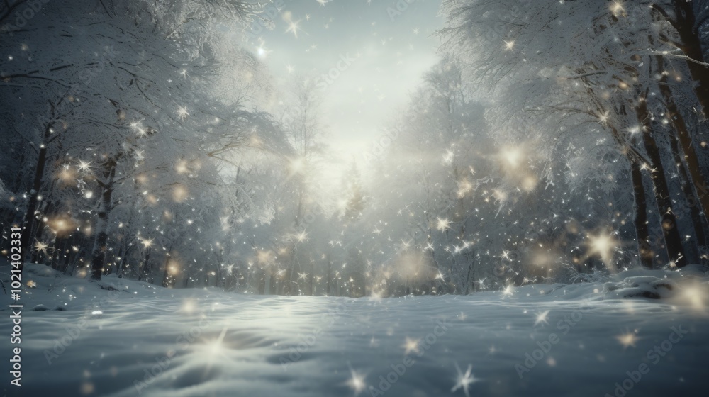 Snowflakes falling gently against a backdrop of a snowy forest Snowflakes falling gently against a backdrop of a snowy forest