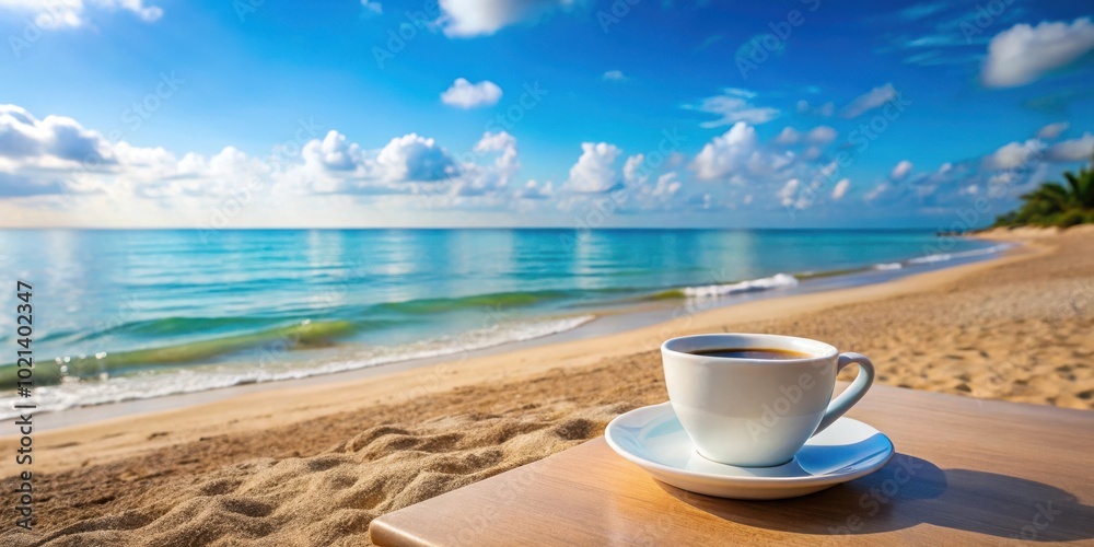 A cup of coffee on a wooden table overlooking a pristine beach with turquoise water and a blue sky filled with puffy white clouds A cup of coffee on a wooden table overlooking a pristine beach with turquoise water and a blue sky filled with puffy white clouds