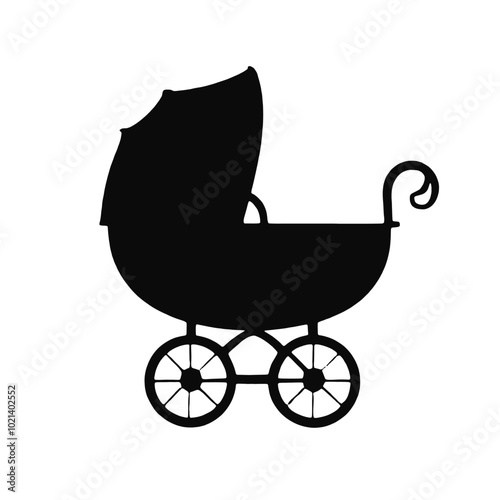 A black silhouette of a baby stroller or pram with large wheels 