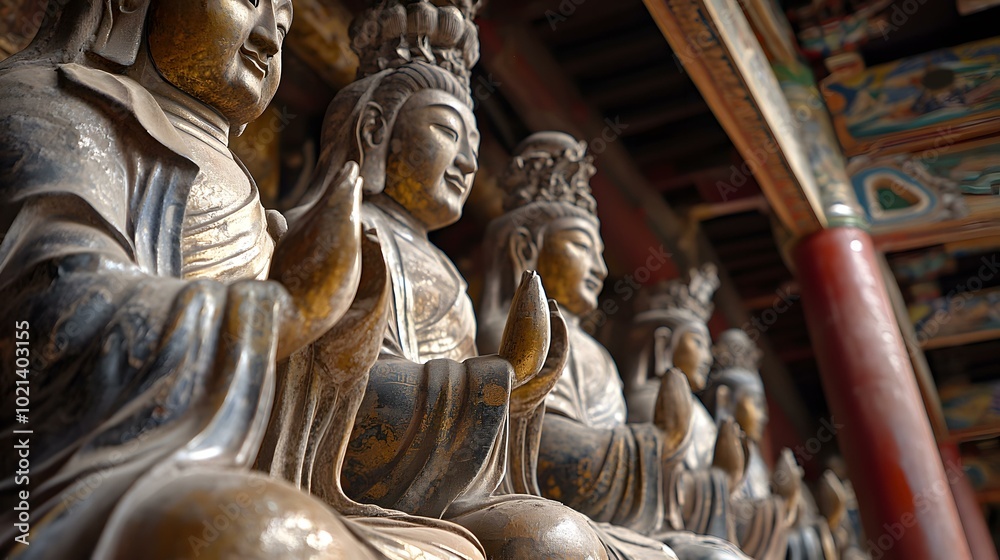 Fototapeta premium Ancient Chinese Wooden Statues In A Temple