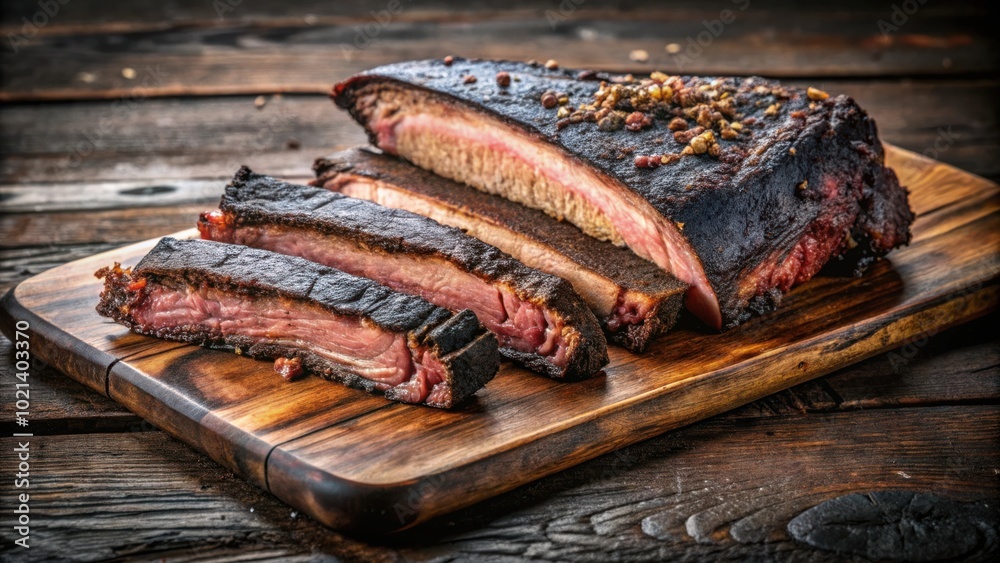 Seared and Smoked Meat Slices with a Crispy Crust, Served on a Rustic Wooden Cutting Board