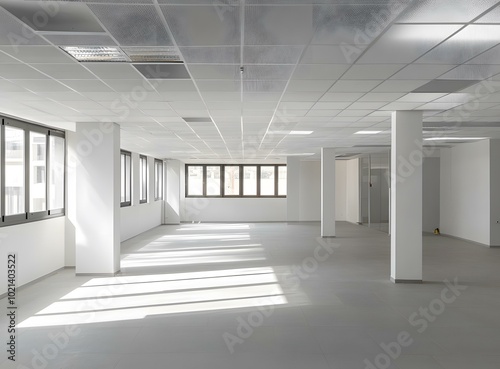 Empty Office Space with White Walls and Windows