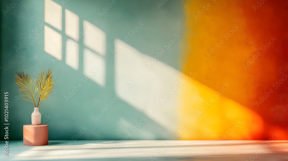 Minimalist 3D interior scene with a multi hued color palette unoccupied floor and wall product display plinth and an angular shadow cast from the window to the countertop Minimalist 3D interior scene with a multi hued color palette unoccupied floor and wall product display plinth and an angular shadow cast from the window to the countertop