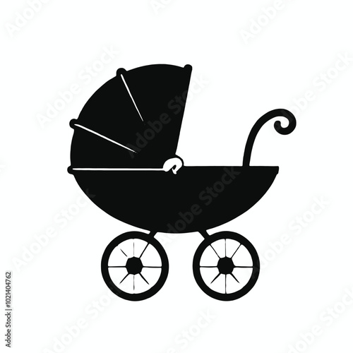 A black silhouette of a baby stroller or pram with large wheels 