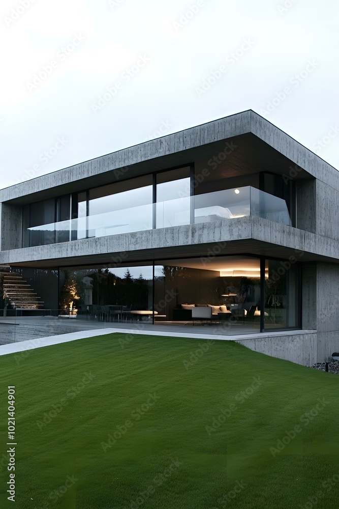 Modern Concrete House with Large Windows and Lawn Modern Concrete House with Large Windows and Lawn