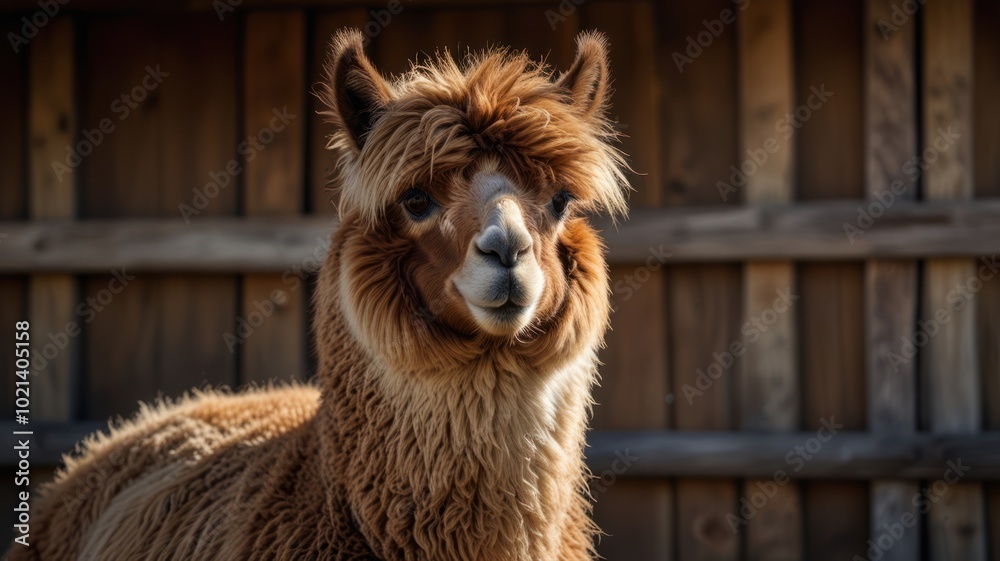 Obraz premium A brown alpaca with a fluffy coat looks directly at the camera, standing in front of a wooden fence.