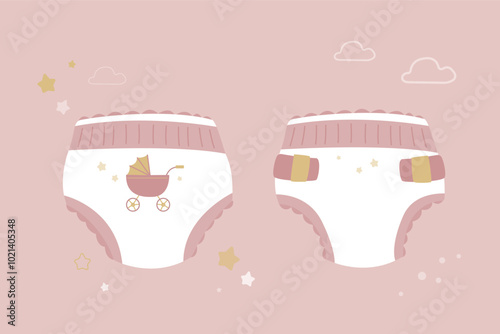 Baby diaper mockup, diapering stack package for newborn pee incontinence dry body, kids nappy disposal eco absorbent. Front and back views.