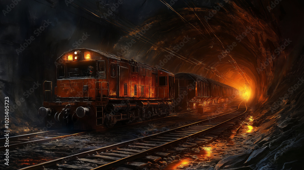 Obraz premium A train emerges from a dark tunnel with a fiery glow at the end.