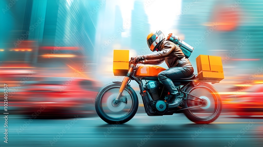Fototapeta premium Motorcycle Courier Delivering Packages Swiftly Through Bustling Urban Traffic with Cinematic Lighting and Aesthetic