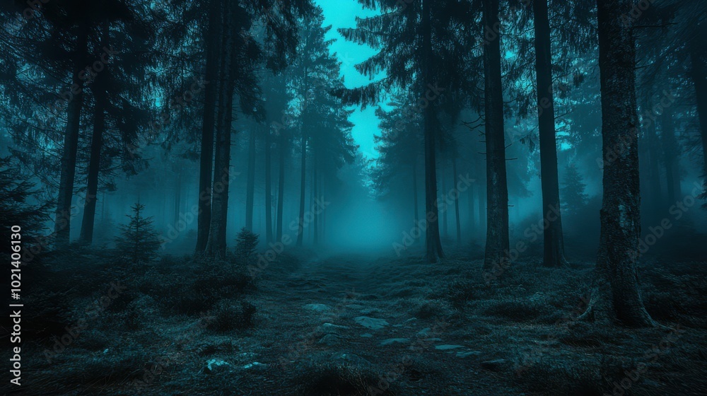 Obraz premium Mysterious Dark Forest with Foggy Atmosphere