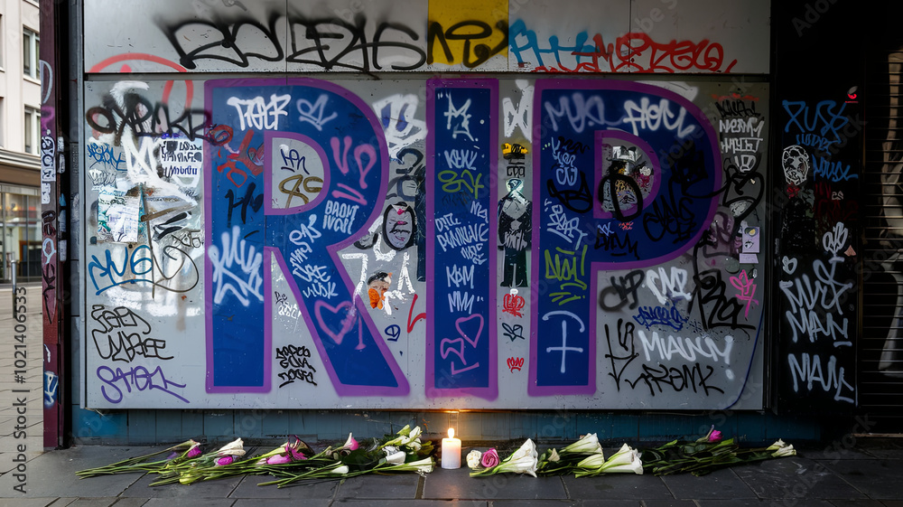 Obraz premium Graffiti-covered wall with RIP in large blue letters, flowers at base.