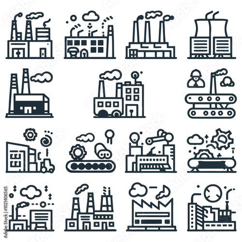 Industrial Factory Icons Collection With Various Production Symbols