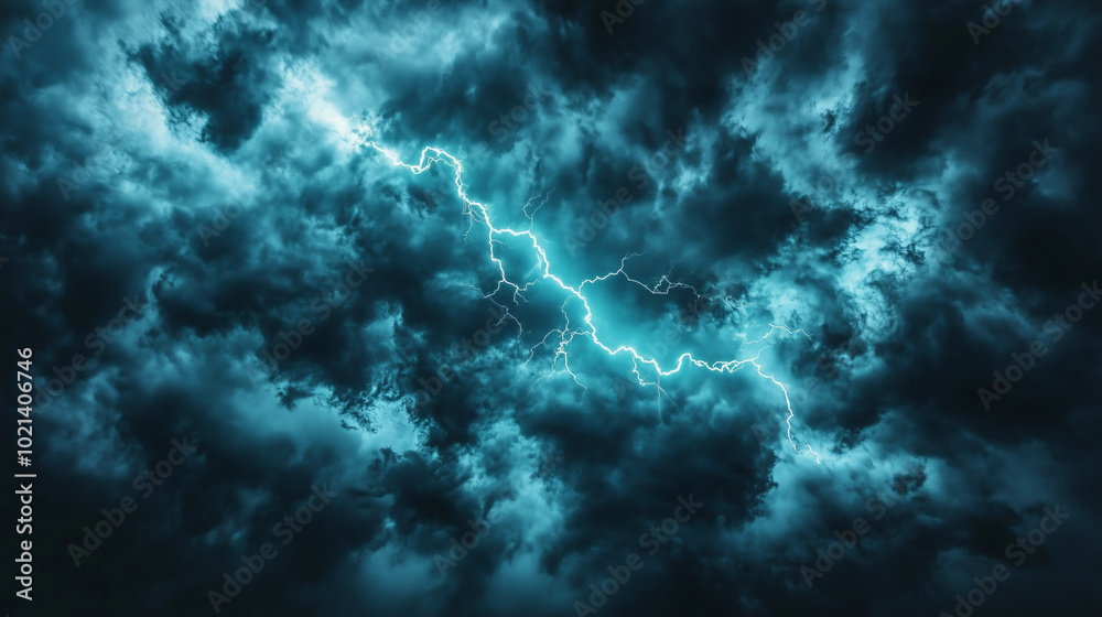 A powerful lightning strike illuminates the dark stormy sky. A powerful lightning strike illuminates the dark stormy sky.