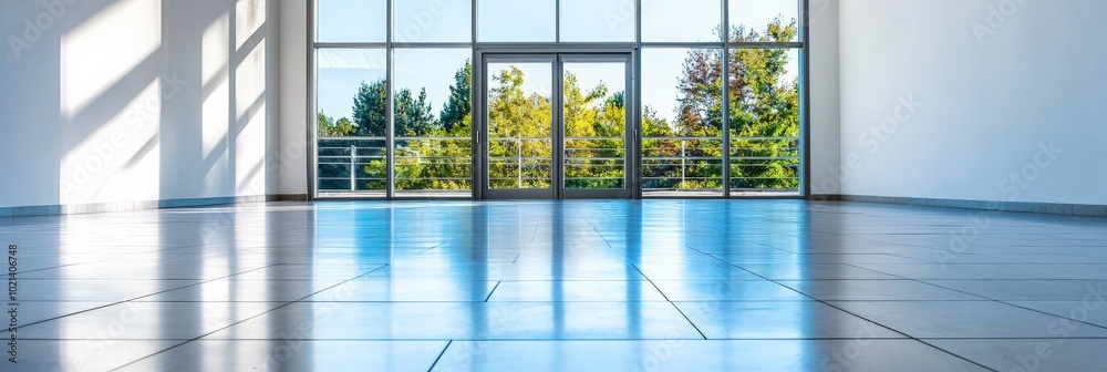A minimalistic empty space with smooth white walls, large glass doors leading to a balcony, and glossy tile flooring, providing a fresh, clean background in panoramic format A minimalistic empty space with smooth white walls, large glass doors leading to a balcony, and glossy tile flooring, providing a fresh, clean background in panoramic format