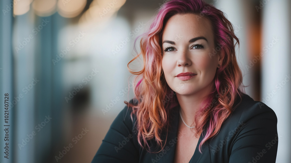Portrait of a woman with pink hair, wearing a black blazer. Portrait of a woman with pink hair, wearing a black blazer.