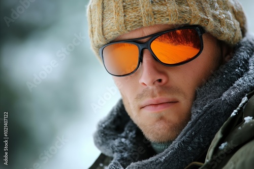 Man wearing a hat and sunglasses with a red tint. He is wearing a black scarf and a black jacket