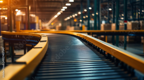 A long, winding conveyor belt system moves through a modern warehouse, showcasing the efficiency and automation of contemporary logistics operations. The belt symbolizes speed, productivity, and seaml