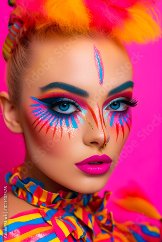 Beauty Portrait With Colorful Makeup. Vivid Colors. AI Generated