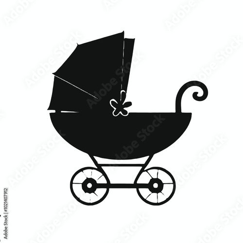 A black silhouette of a baby stroller or pram with large wheels 