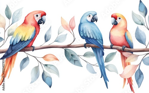 Vibrant watercolor parrots, featuring macaws and cockatoos in colorful plumage, perfect for tropical-themed designs, bird illustrations, or nature-inspired artwork