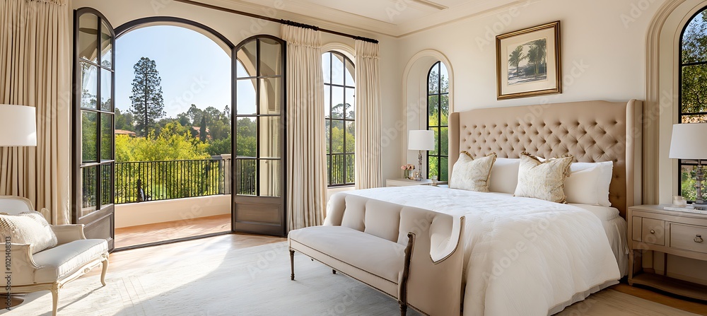 Obraz premium A luxurious master bedroom with a plush bed, elegant furnishings, and a private balcony 